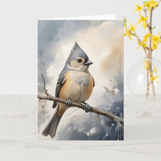 Tufted Titmaus-Ruhen auf der Rinne des Baumzweiges Karte (Gelbe Blume)