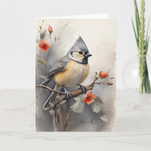 Tufted Titmouse Ruhen auf Baum Red Blume Blank Karte