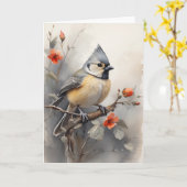 Tufted Titmouse Ruhen auf Baum Red Blume Blank Karte (Gelbe Blume)