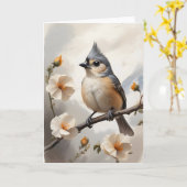 Tufted Titmouse Ruhen auf Baumgrenze Blume Leere Karte (Gelbe Blume)