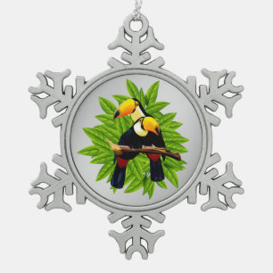 Tukane Exotische Vögel auf Silber Schneeflocken Zinn-Ornament