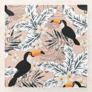 Tukane, Palmen, Plumeria: Rosa tropisch. Glasuntersetzer