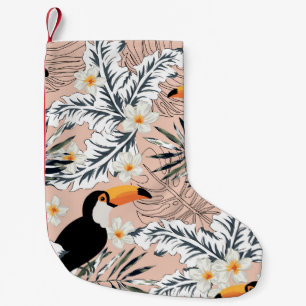 Tukane, Palmen, Plumeria: Rosa tropisch. Kleiner Weihnachtsstrumpf