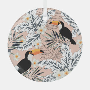 Tukane, Palmen, Plumeria: Rosa tropisch. Ornament Aus Glas