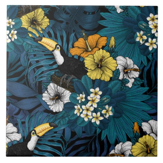 Tukane und tropische Flora, blau, gelb, orange Fliese (Vorderseite)