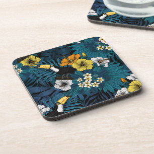 Tukane und tropische Flora, blau, gelb, orange Getränkeuntersetzer