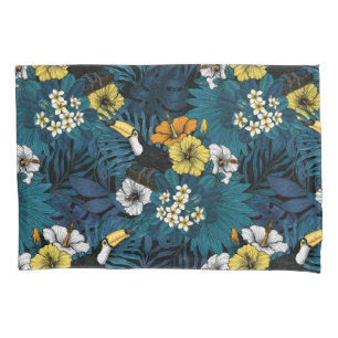 Tukane und tropische Flora, blau, gelb, orange Kissenbezug