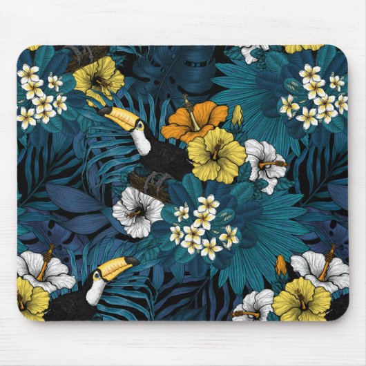 Tukane und tropische Flora, blau, gelb, orange Mousepad (Vorne)