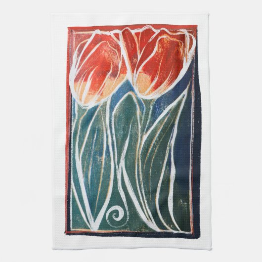 Tulip Artwork, blaue und rote Tulpen Geschirrtuch (Vertikal)