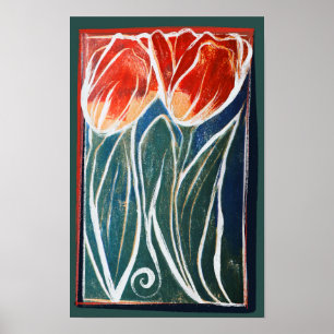 Tulip Artwork, blaue und rote Tulpen Poster