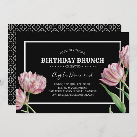 Tulip Blume Birthday Brunch Black Einladung (Vorne/Hinten)