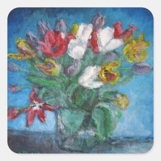 Tulip Blume Bouquet Vase Floral Quadratischer Aufkleber (Vorderseite)