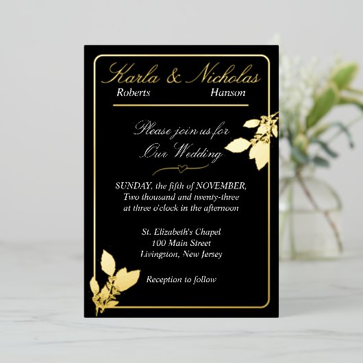 Tulip Blume, elegante Schwarze Hochzeit Folieneinladung (Stehend vorne)