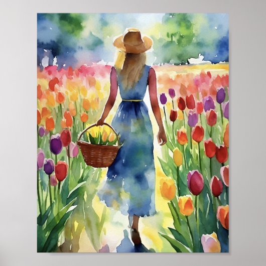 Tulip Field Colorful Wasserfarbe Poster (Vorne)