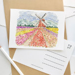 Tulip Fields im Netherland Wasserfarben-Postkarte Einladungspostkarte<br><div class="desc">Eine schön bemalte Aquarellpostkarte mit Tulpenfeldern in den Niederlanden.</div>