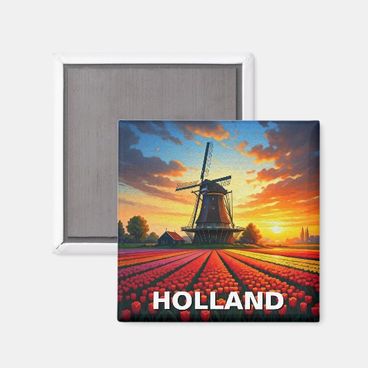 Tulip Fields Windmill Holland Sunset Magnet (Vorderseite/Rückseite)
