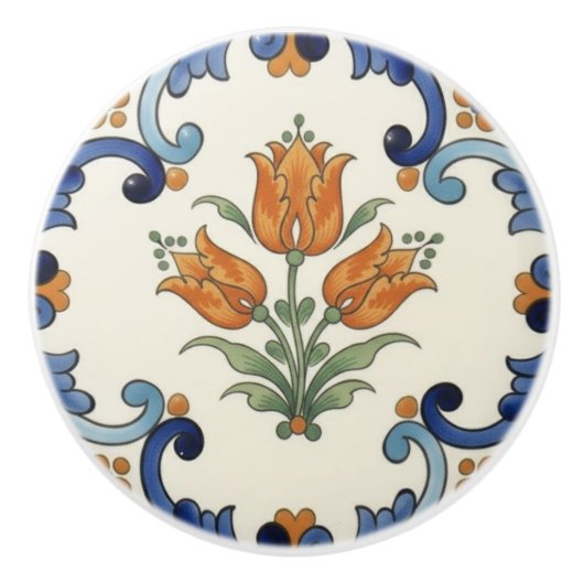 Tulip Flower Mediterranean Blue Orange Cream Keramikknauf (Vorderseite)