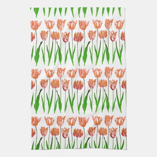 Tulip Garden Print in Coral Orange und Green Geschirrtuch (Vertikal)