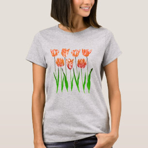 Tulip Garden Print in Coral Orange und Green T-Shi T-Shirt