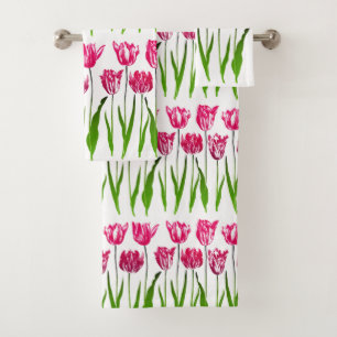 Tulip Garden Print in Fuchsia Pink und Green Badhandtuch Set