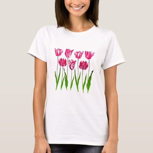 Tulip Garden Print in Fuchsia Pink und Green T-Shirt (Vorderseite)
