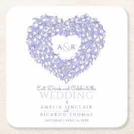 Tulip-Kranz zeichnend monogramm Hochzeitsblau Rechteckiger Pappuntersetzer