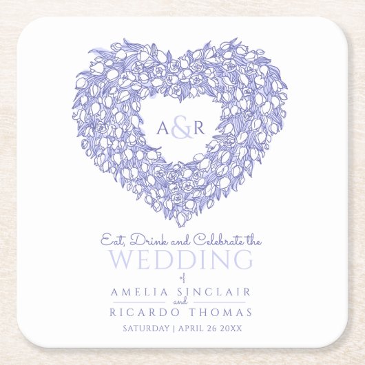 Tulip-Kranz zeichnend monogramm Hochzeitsblau Rechteckiger Pappuntersetzer (Vorderseite)