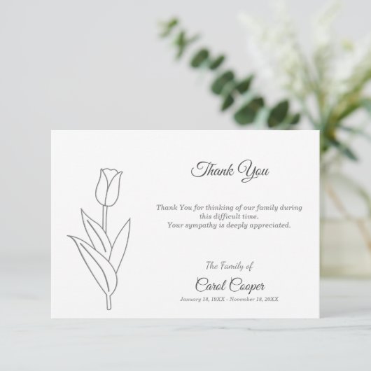 Tulip Line Art Beerdigung Danke Note Card (Stehend Vorderseite)