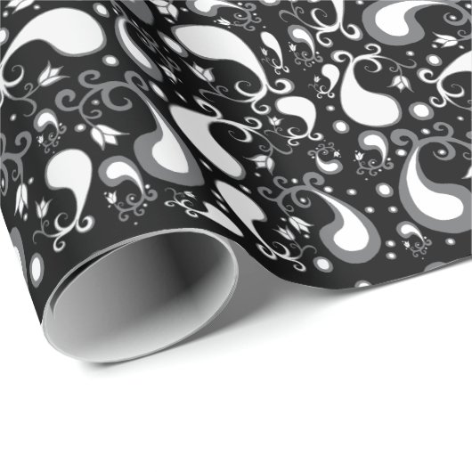 Tulip Paisley Floral, abstrakt, schwarz und weiß Geschenkpapier (Rolleneckpunkt)