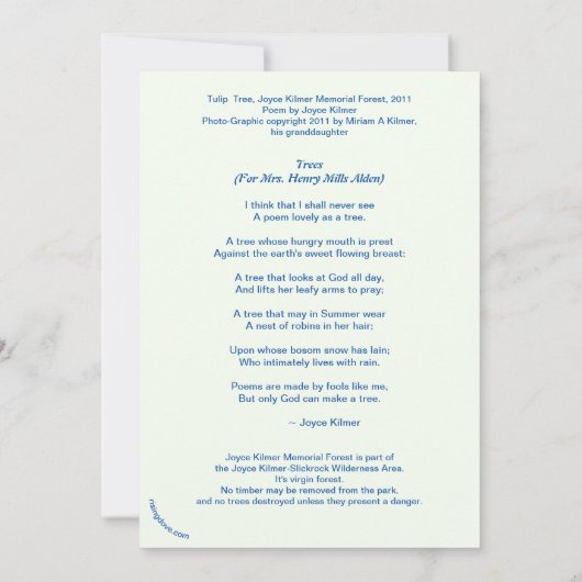 Tulip Poplar/Joyce Kilmer Gedicht Tree Card Save The Date (Rückseite)