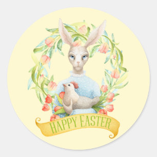 Tulip Wreath und Rabbit Happy Oaster Runder Aufkleber