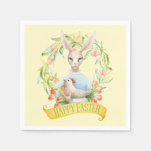 Tulip Wreath und Rabbit Happy Oaster Serviette (Vorderseite)