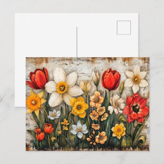 Tulips and Daffodils with Rustic Charm Postkarte (Vorne/Hinten)