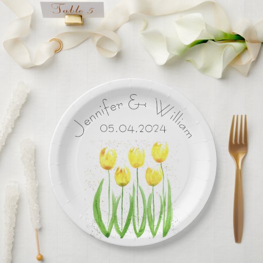 Tulips Blume Aquarell Gelbe Rustikale Hochzeit Pappteller (Hochzeit)