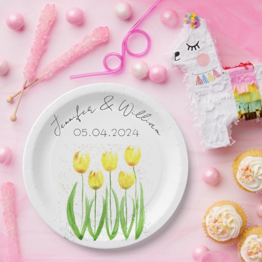 Tulips Blume Aquarell Gelbe Rustikale Hochzeit Pappteller (Party)