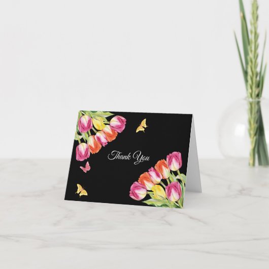 Tulips & Butterfells Schwarzes Brautparty Dankeskarte (Vorderseite)