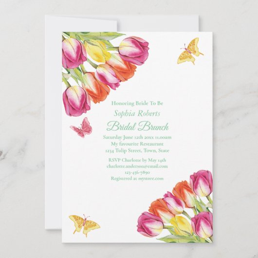 Tulips & Butterfels Weißer Bridal Brunch Einladung (Vorderseite)