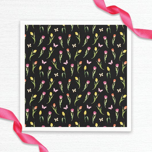 Tulips & Butterfets Schwarzes Muster Brautparty Serviette