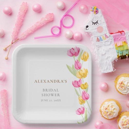Tulips Calligraphy Pink Spring Boho Brautparty Pappteller (Party)