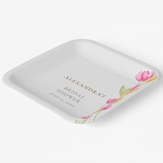 Tulips Calligraphy Pink Spring Boho Brautparty Pappteller (Gewinkelt)
