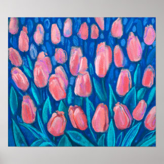 Tulips Field, Frühjahrsblumen Blumen Rotes Blau Poster