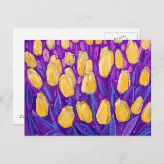 Tulips Field, Frühlingsblumen Blütengelbe Violette Postkarte (Vorne/Hinten)