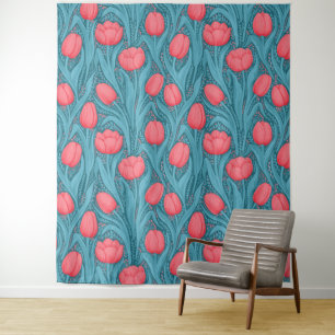 Tulips in blau und rot wandteppich