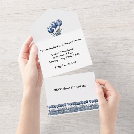 Tulips in Delft Blue All In One Einladung (Abreißen)
