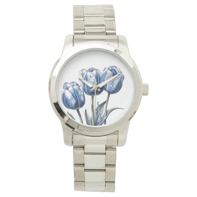 Tulips in Delft Blue Armbanduhr (Vorderseite)