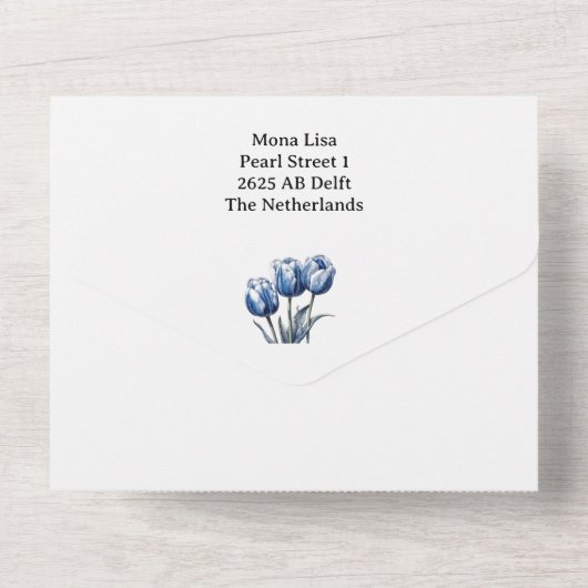 Tulips in Delft Blue benutzerdefinierbar All In One Einladung (Rückseite)