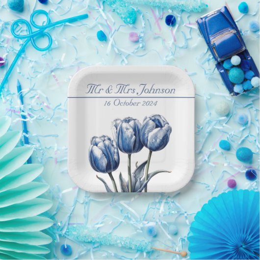 Tulips in Delft Blue benutzerdefinierbar Pappteller (Party)