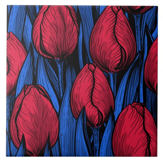 Tulips in Rot und Blau Fliese (Vorderseite)