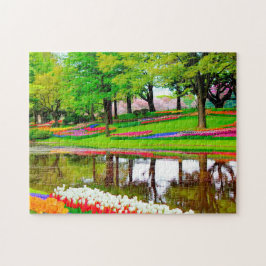 Tulips in Springtime Garden Pond farbenfroh Puzzle