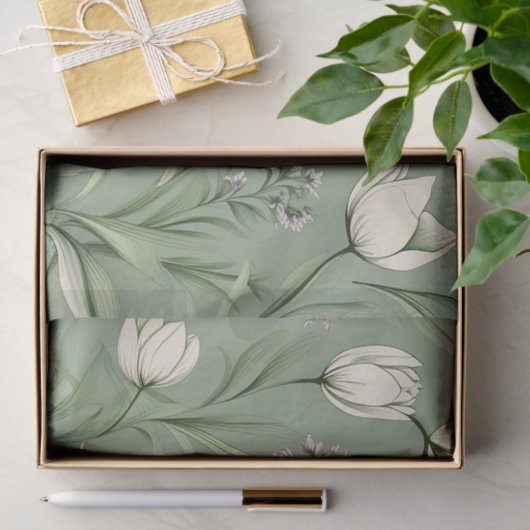 Tulips mit Blätter auf hellgrün Seidenpapier (Geschenk)